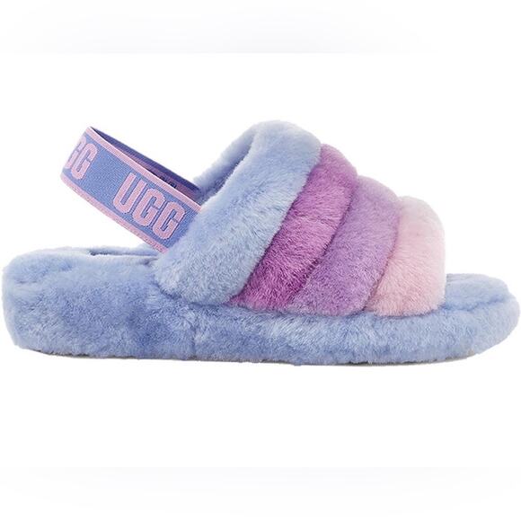 UGG FLUFF YEAH Women's Sz 9  Logo Slides Purple-Lavender SHEEPSKIN SLIPPERS - Picture 1 of 12